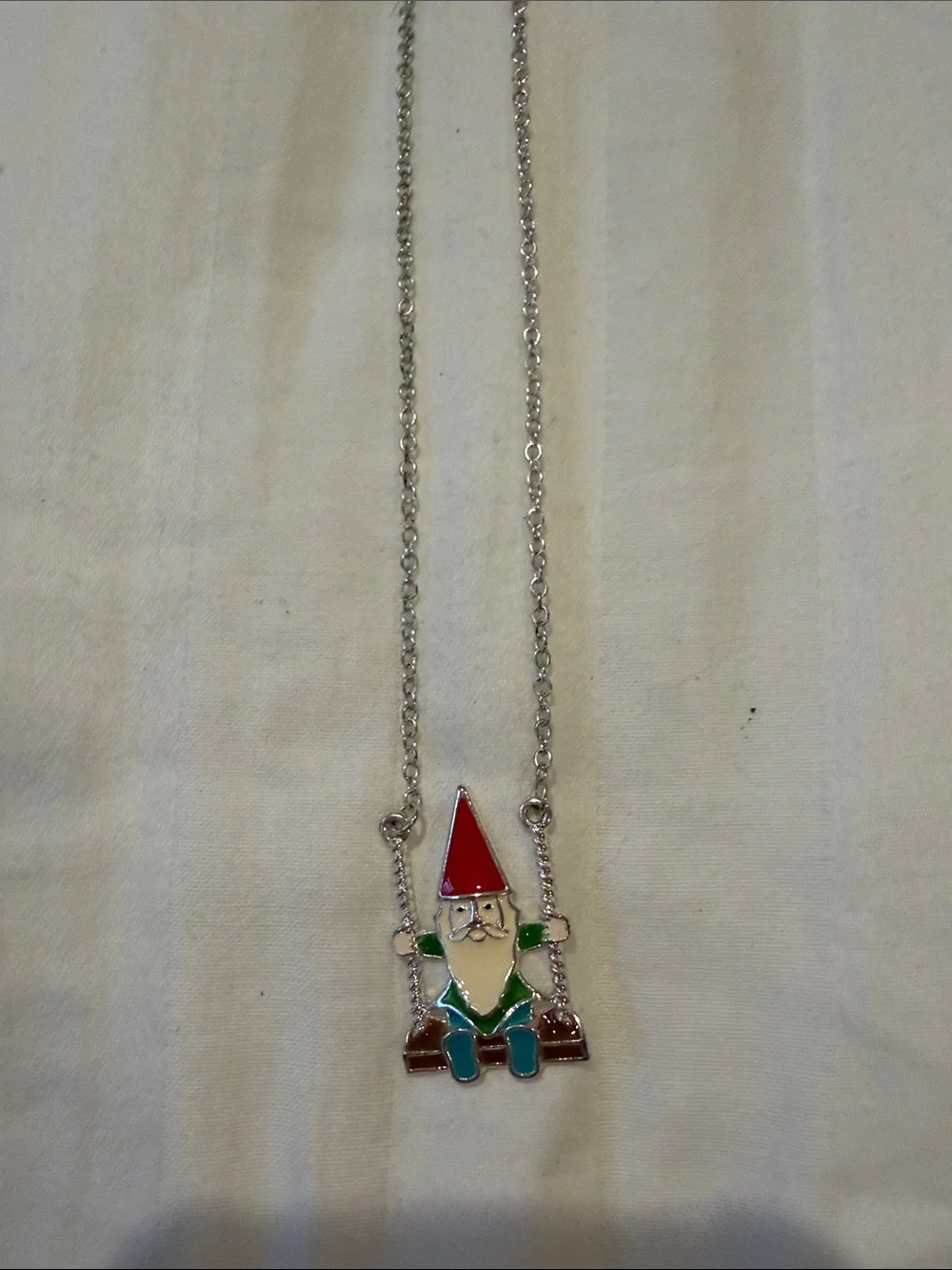 Silver-Tone Gnome Pendant Necklace with Red Hat and Green Outfit - Kids Jewelry
